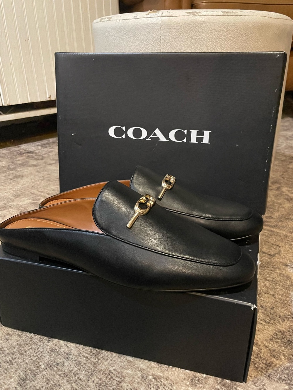 Coach Sienna Leather Slide Size 11 B Black with Gold Logo Shoes Flats NIB new